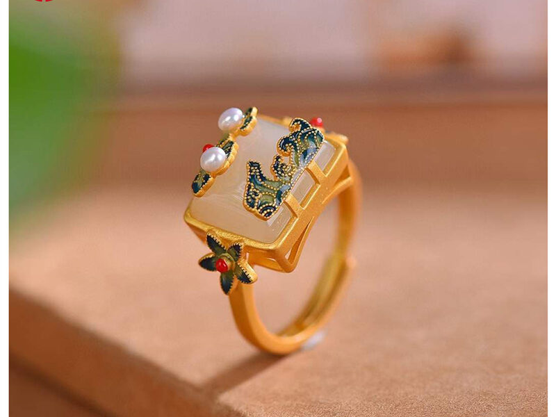 S925银镶嵌和田玉珐琅祥云戒指 XinJiang Hotan Jade Jewelry Ring