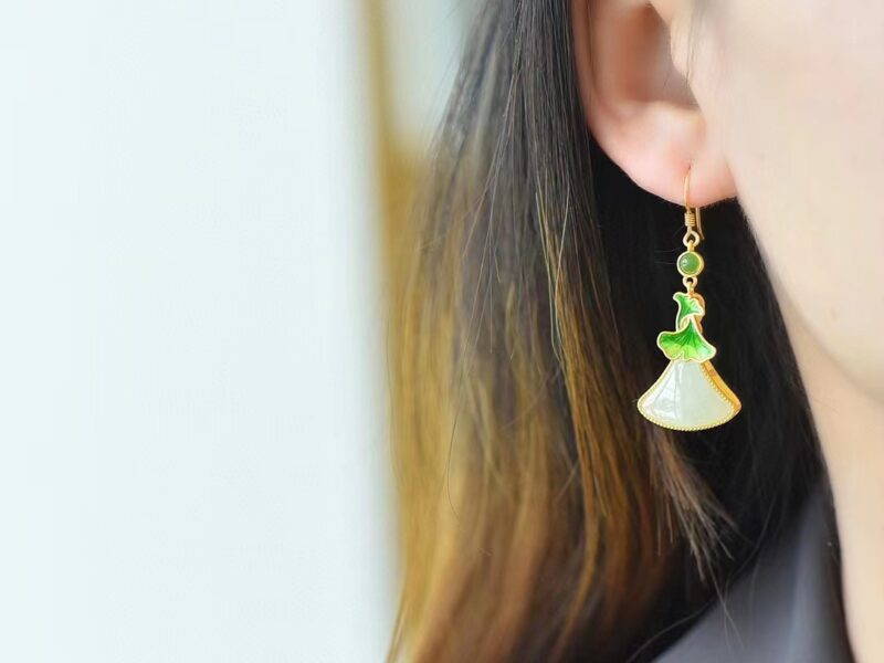 925纯银镶嵌和田玉银杏叶杏珐琅耳环 XinJiang Hotan Jade Jewelry Earrings