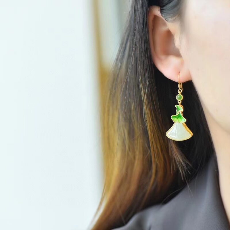 925纯银镶嵌和田玉银杏叶杏珐琅耳环 XinJiang Hotan Jade Jewelry Earrings