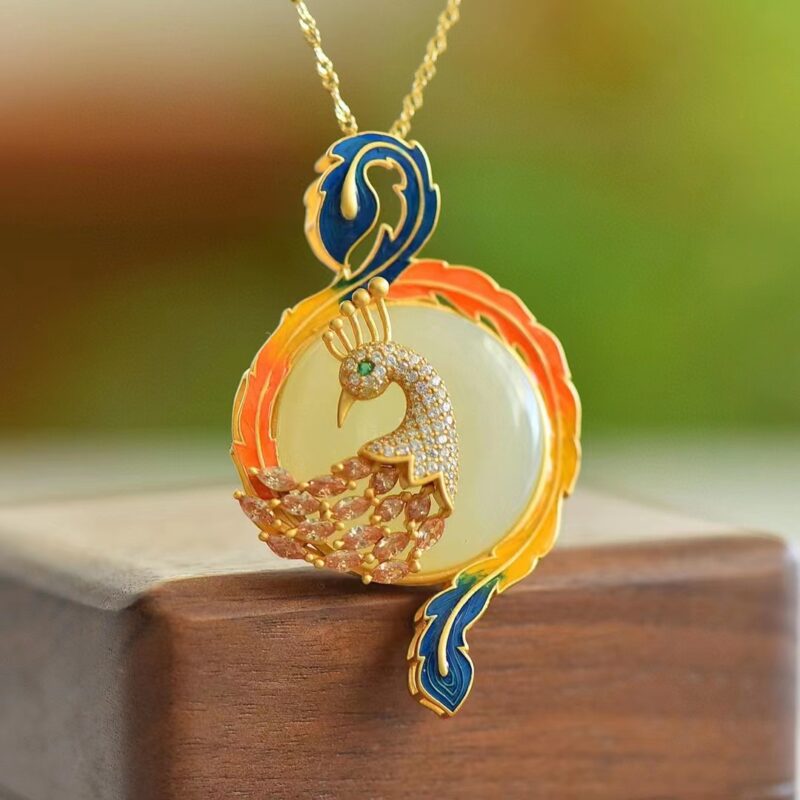 925银镶和田玉平安扣凤凰涅槃珐琅彩锆吊坠 XinJiang Hotan Jade Jewelry Pendant