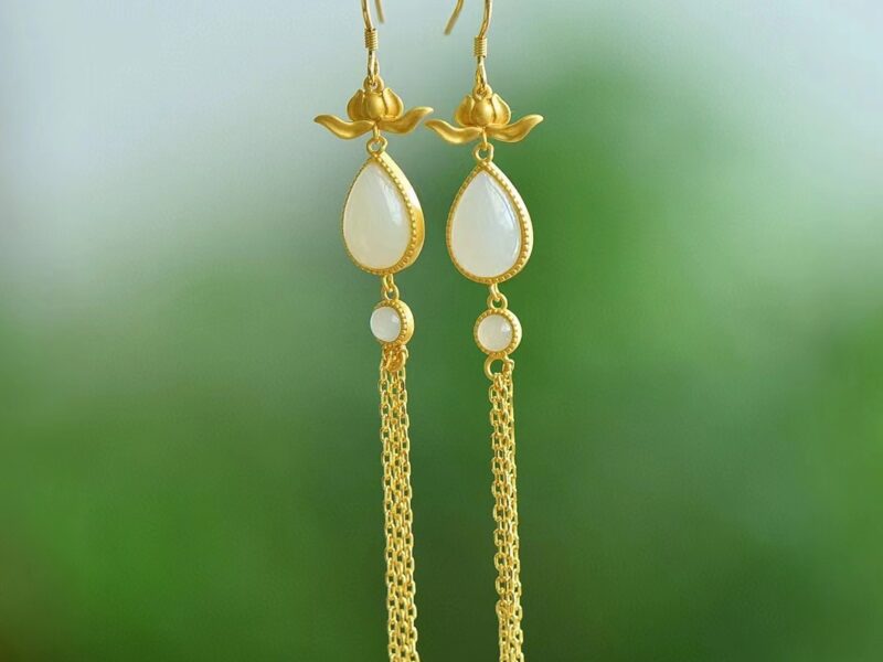 925银镶和田玉水滴莲花耳环 XinJiang Hotan Jade Jewelry Earrings