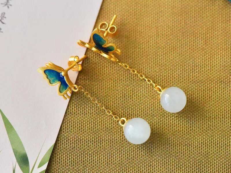 925银镶和田玉8m白玉珠蝴蝶珐琅耳环 XinJiang Hotan Jade Jewelry Pendant Earrings