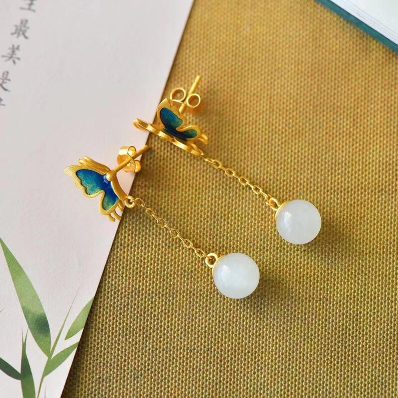 925银镶和田玉8m白玉珠蝴蝶珐琅耳环 XinJiang Hotan Jade Jewelry Pendant Earrings