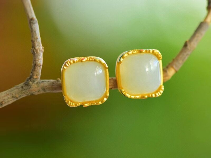 925银镶和田玉方形珐琅耳环款式新颖独特 XinJiang Hotan Jade Jewelry Earrings