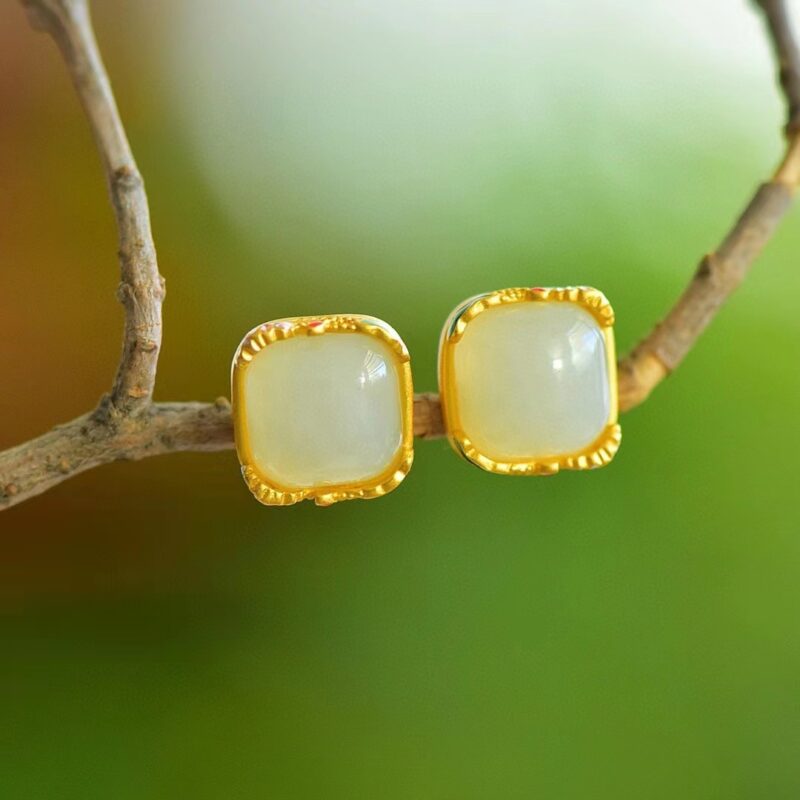 925银镶和田玉方形珐琅耳环款式新颖独特 XinJiang Hotan Jade Jewelry Earrings