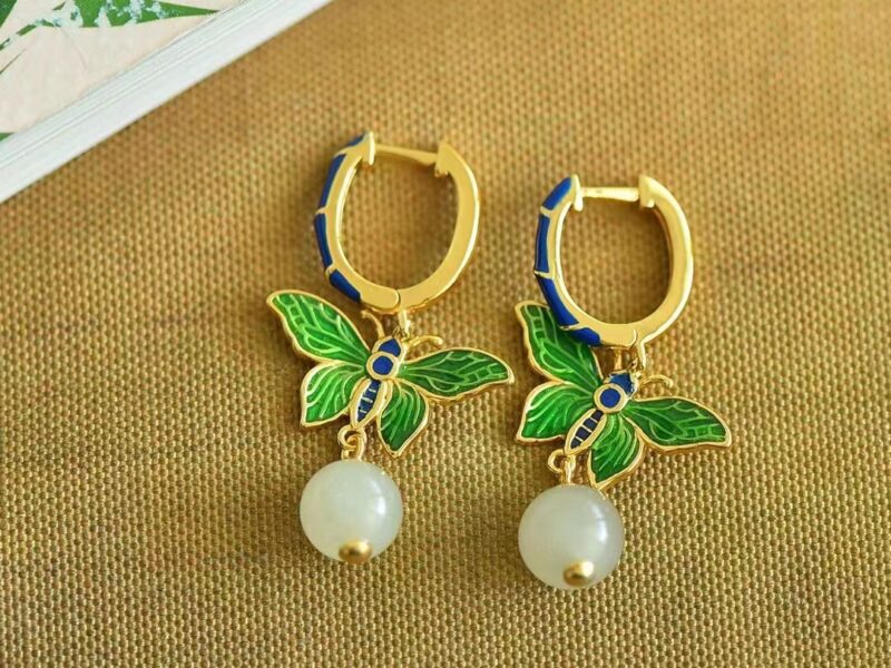 925银镶和田玉蝶恋花珐琅耳坠 XinJiang Hotan Jade Jewelry Earrings