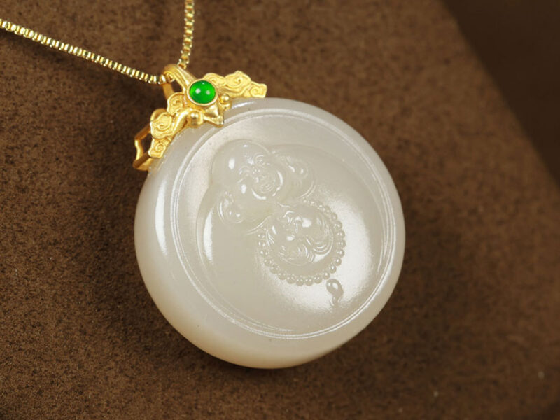 和田玉18K金藕粉弥勒佛13.96g Hetian Jade 18K Gold Lotus Root Pink Maitreya Buddha